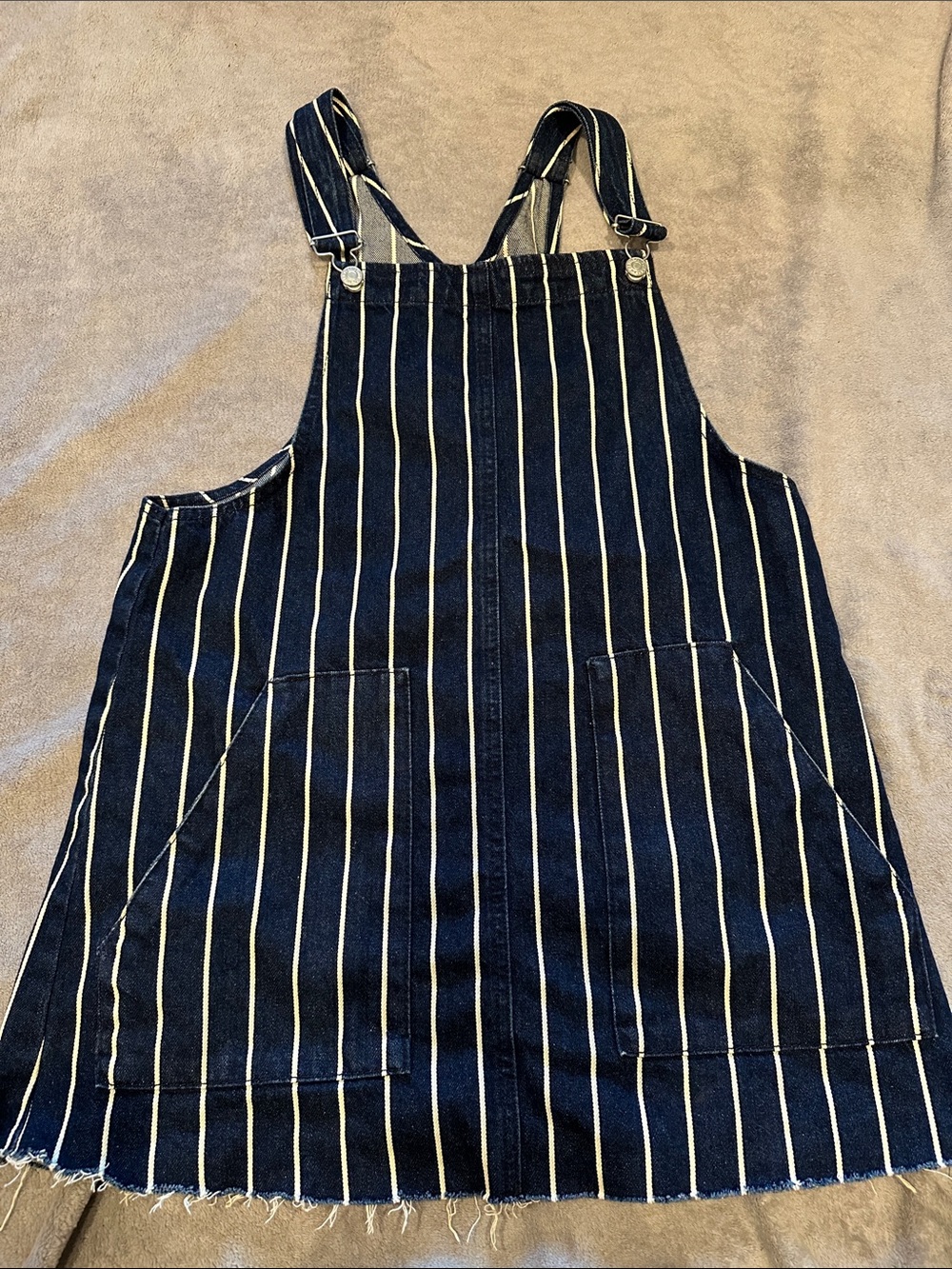 Women’s Navy Stripe Pinafore Mini denim Dress  pockets!